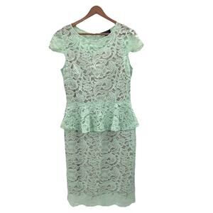 Tahari Mint Green Lace Cap Sleeve Peplum Sheath Dress Womens 8